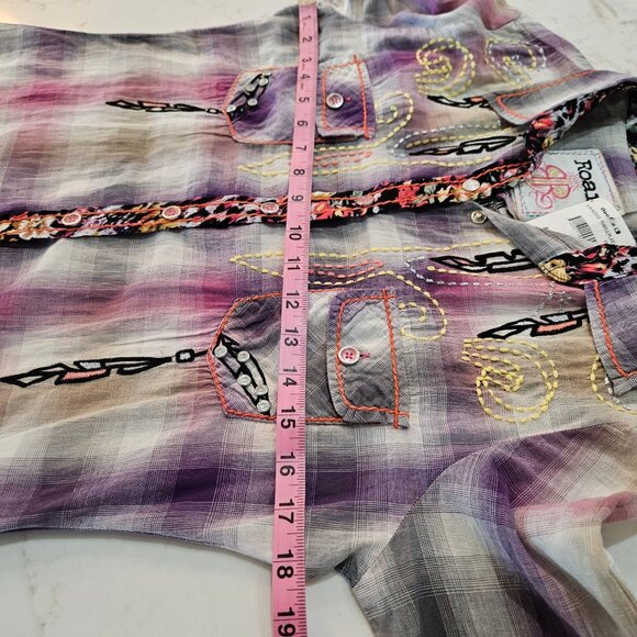 NWT! Roar Native Song Shirt Medium Plaid Embroidered Rhinestone Western Purple - Picture 11 of 15